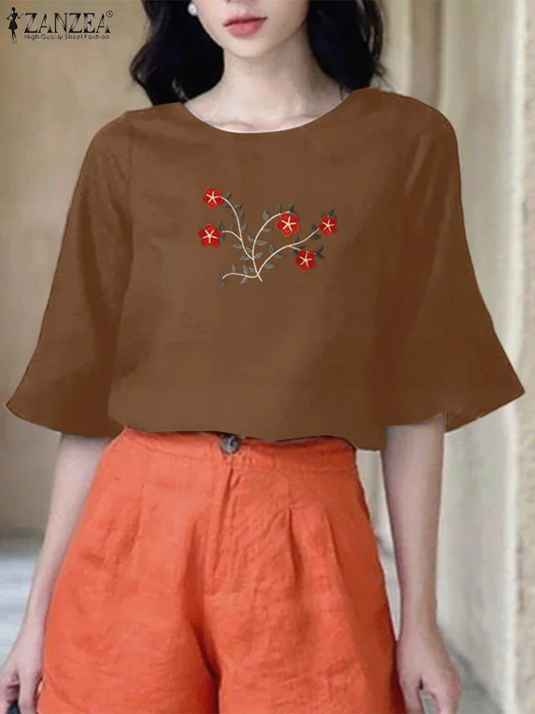 

ZANZEA Embroidery Blouses Women Summer Half Sleeve Printed Shirts 2025 Fashion Flare Sleeve Casual Loose Oversized Blusas Tops