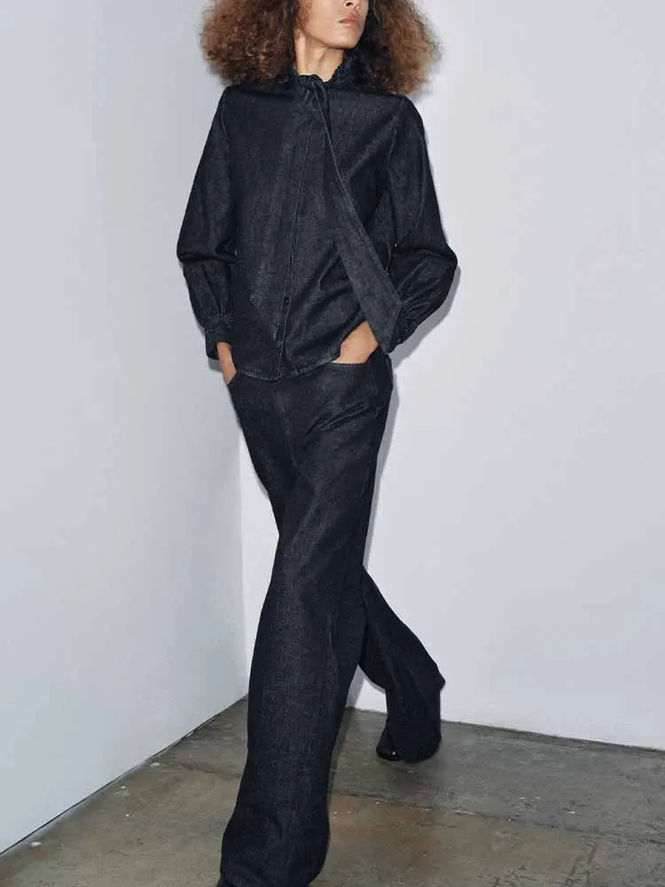 

European and American style winter new fashion women's casual temperament simple long-sleeved denim shirt with bow decoration