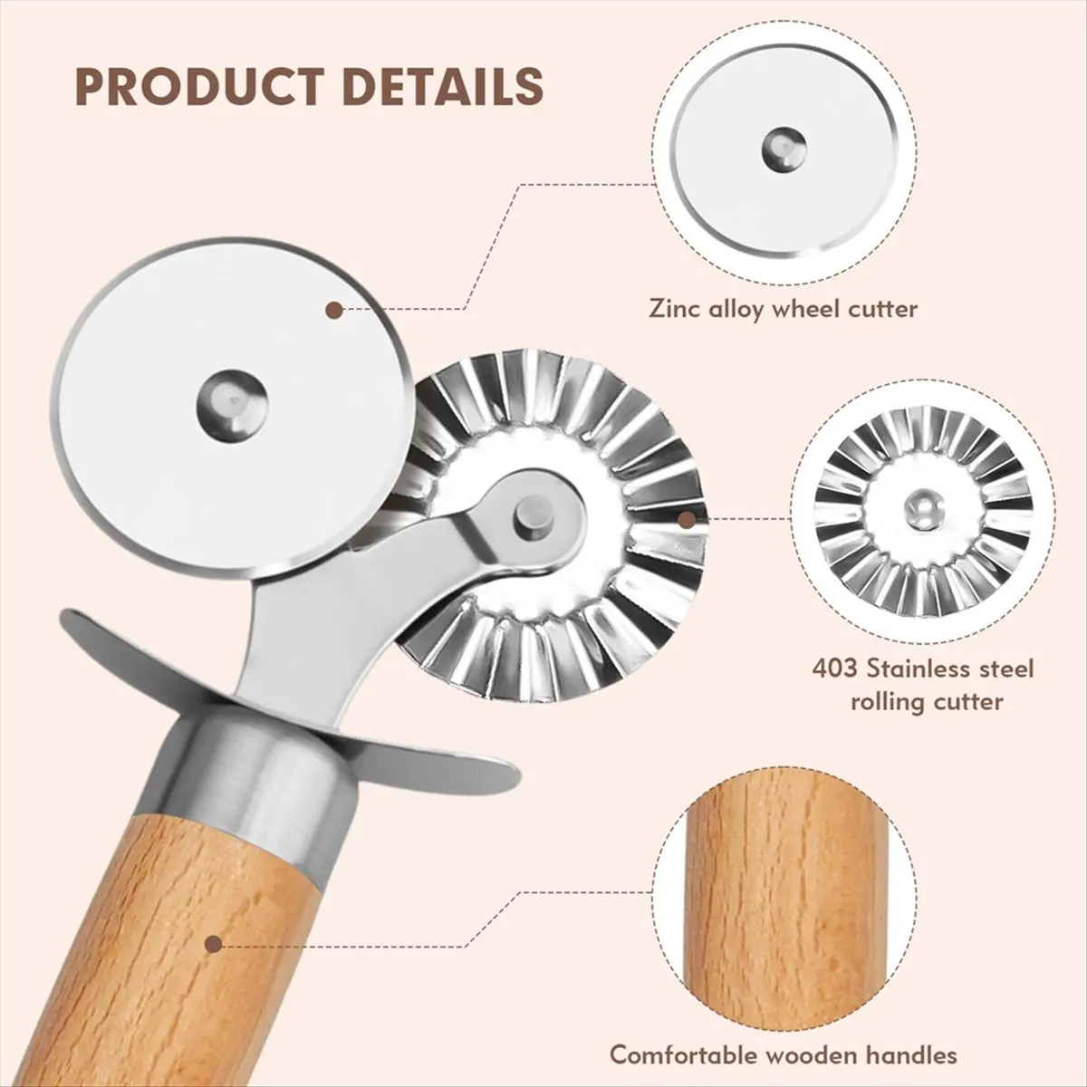 REST Pasta Cutter Wheel - Fluted Pastry Cutter Double Wheel Ravioli Cutter Tool with Wooden Handle for Pasta Pizza Cookie