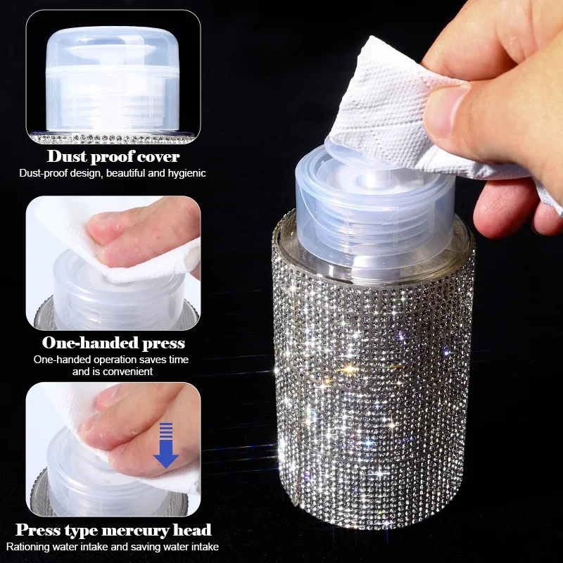 200ml Pump Dispenser Bottle Diamond Liquid Alcohol Press Bottle for Nail Polish Remover Refillable Manicure Container Wholesale