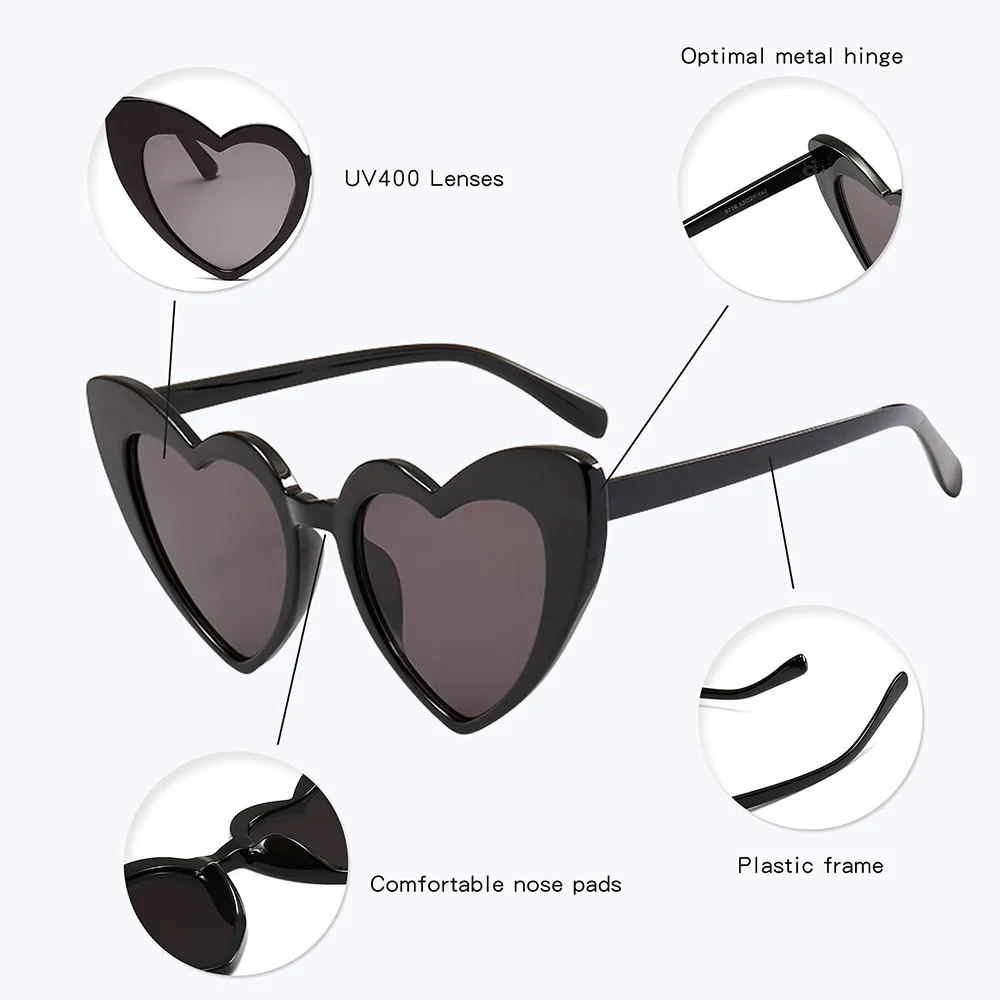 Women Fashion Heart Shaped Sunglasses Women Cat Eye Female Sun Glasses Retro Love Black Pink Eyewear Party Supplies