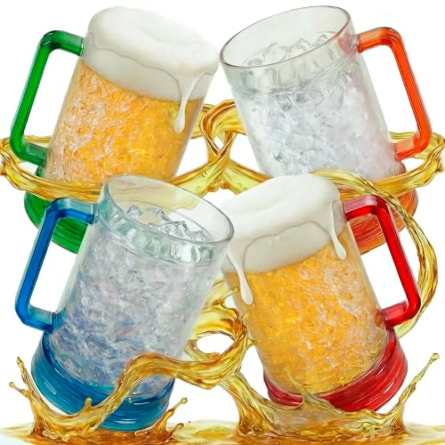 

Beer Mugs for Freezer Set of 4 , 16oz Double Walled Glasses, Frozen Cooling Cups with Color-Coded Handles, Break-Resistant Acry