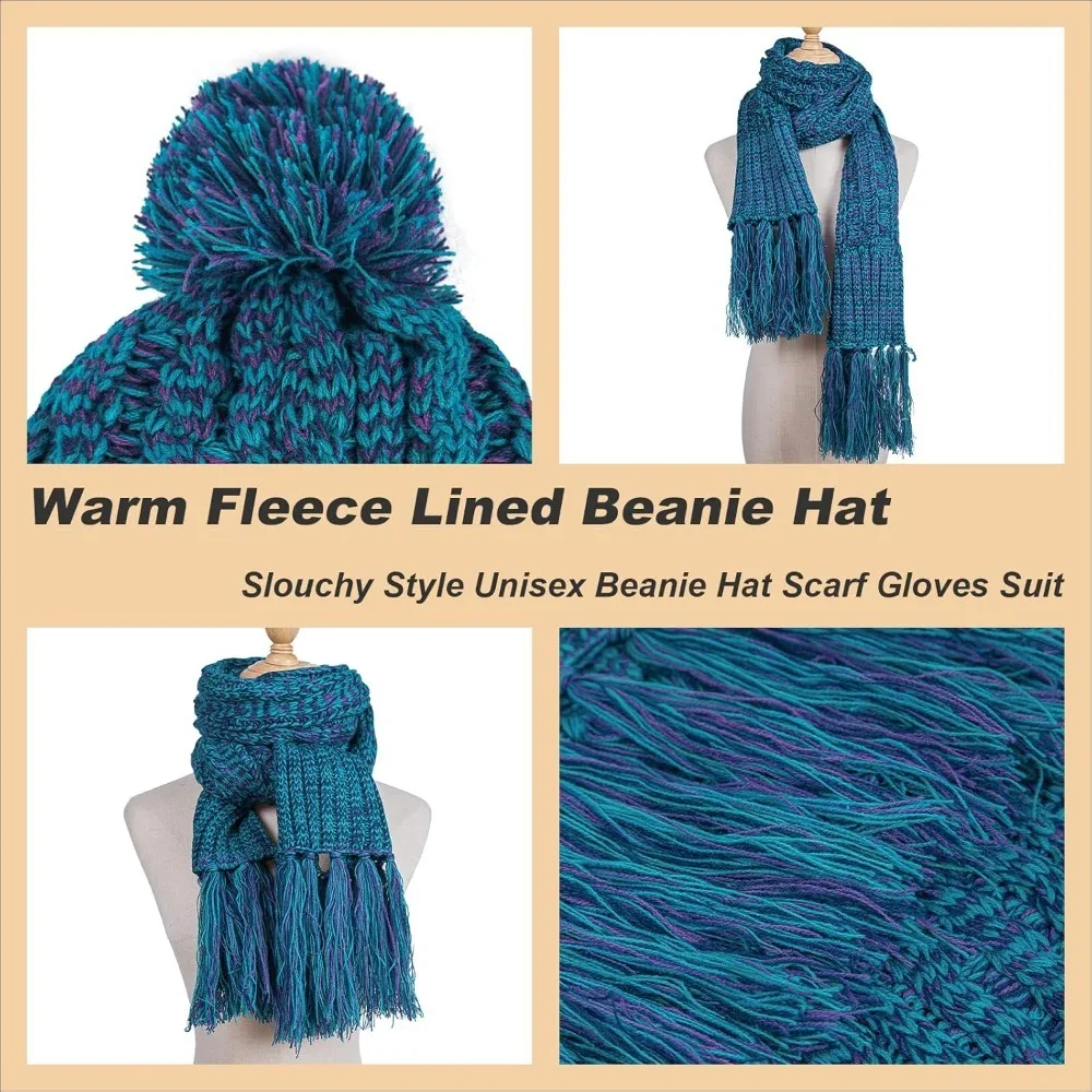 المرأة قبعة قبعات الشتاء 3 في 1 متماسكة قبعة دافئة قفازات ووشاح مجموعة الأوشحة النسائية للطقس البارد