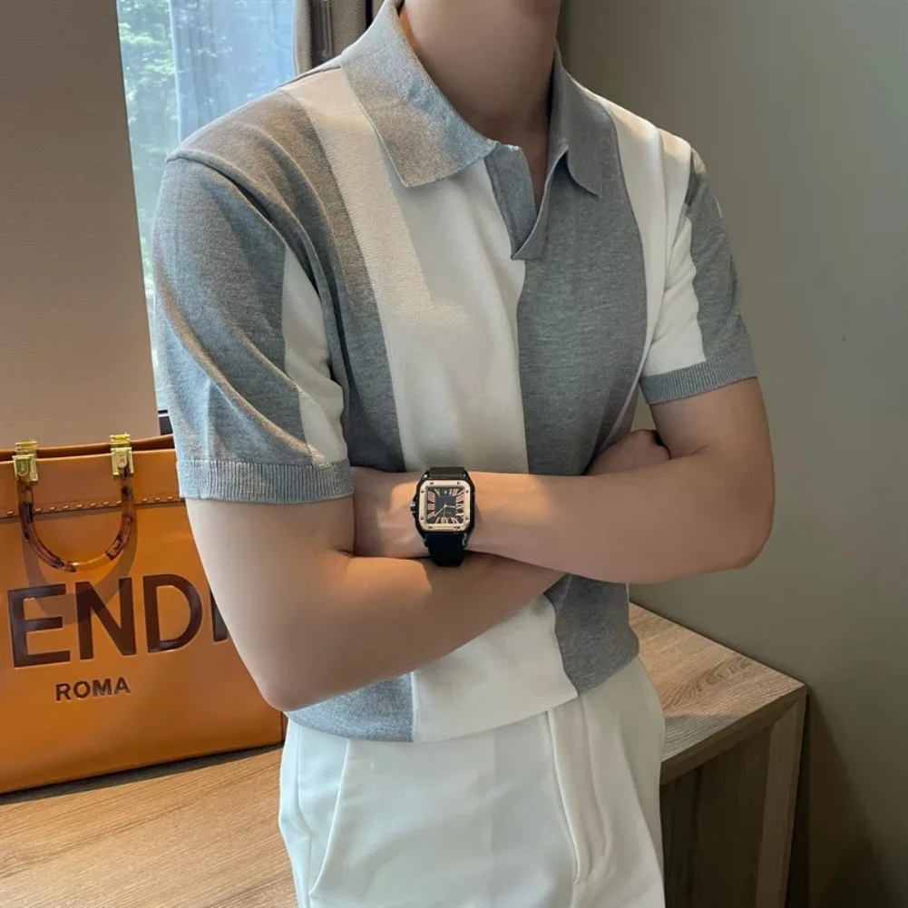 New Summer Knitted Shirt Men's Golf Top Quick Drying Breathable Cool Color Blocked Short Sleeved Men's V-neck Polo Shirt