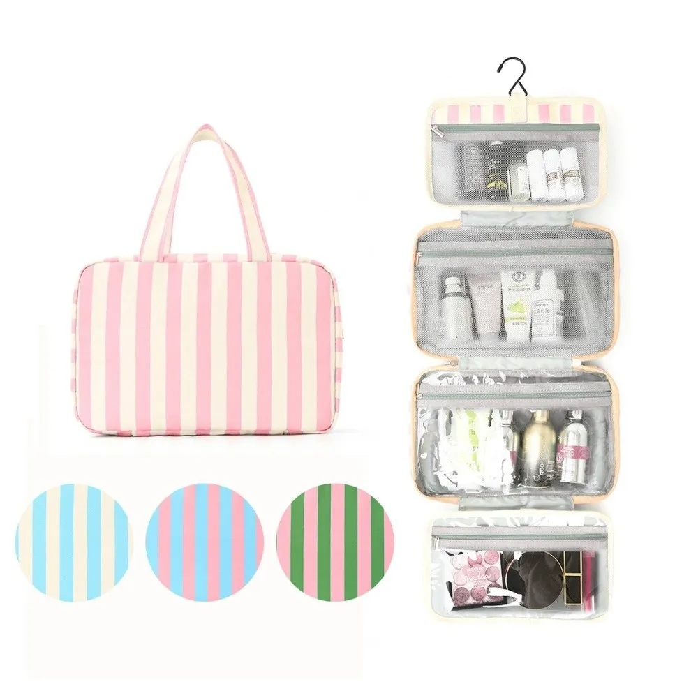 Portable Hanging Travel Toiletry Bag 4-Fold with Hook Cosmetic Organizer Large Capacity Striped Cosmetic Bag Outdoor