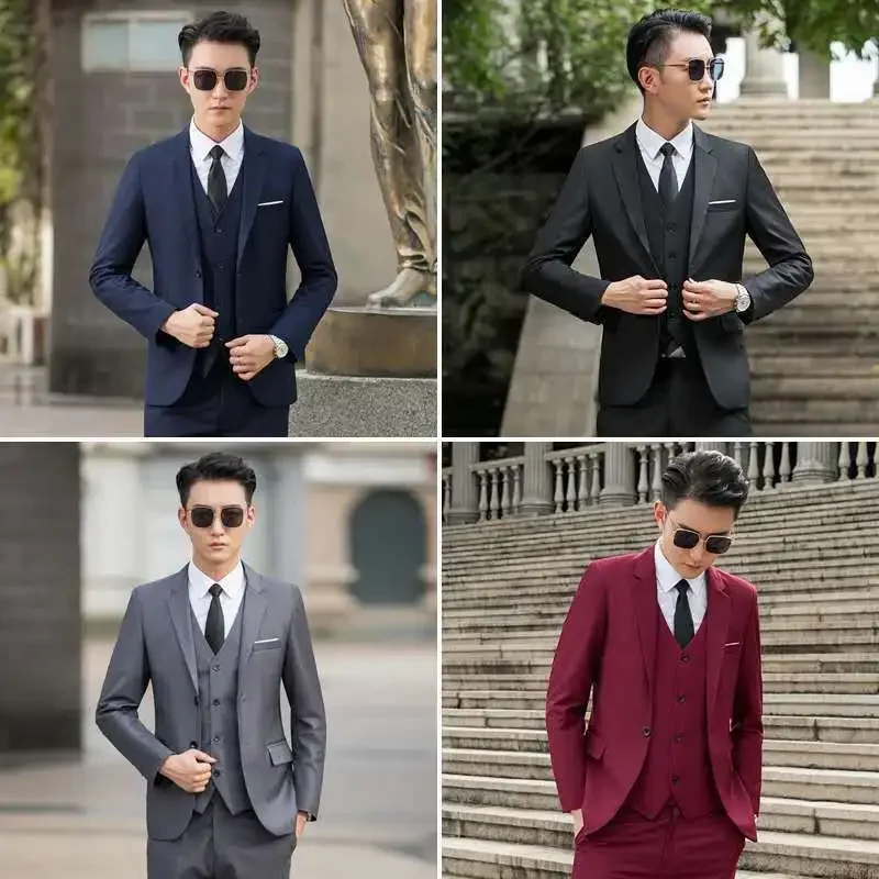 S-6XL (Blazer+ Vest+ Pants ) Men Business Formal Suit Slim Elegant 3-piece Set Black Navy Blue Wine Red Gray Suits Wedding