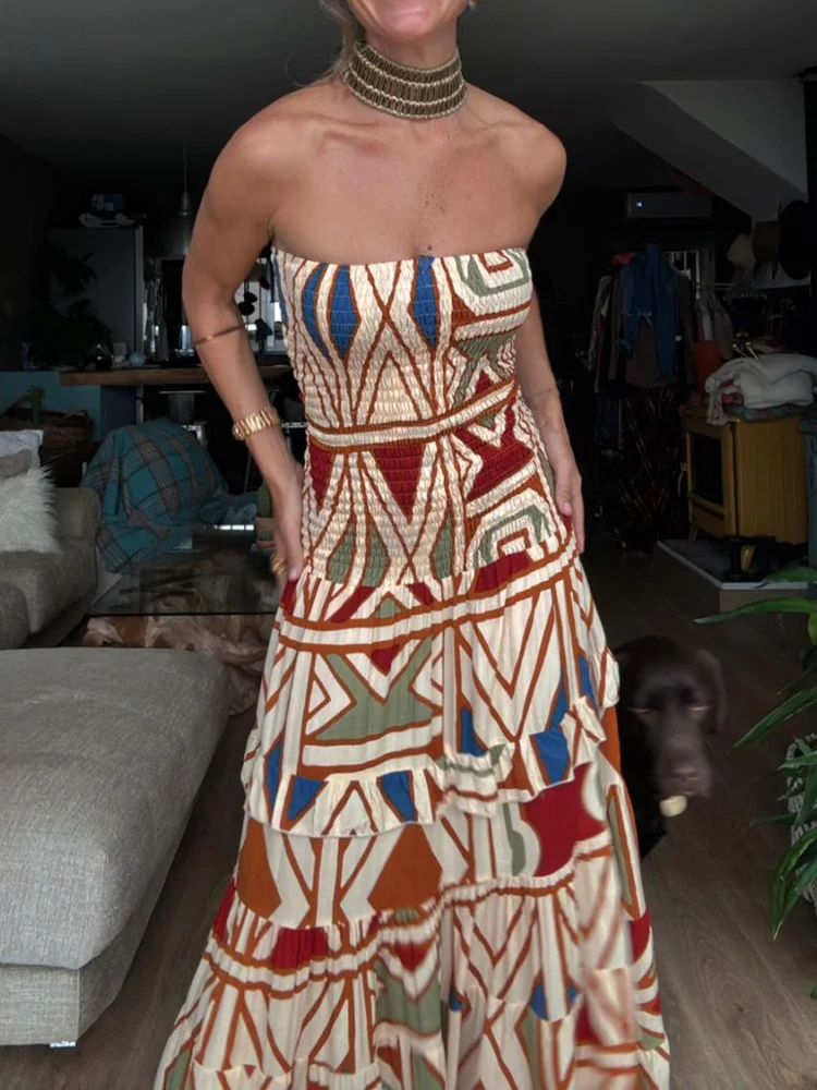 Seksowna damska sukienka bez ramiączek bez pleców Maxi sukienka damska z nadrukiem retro Bohemian Party Dress Summer bez rękawów luźne długie sukienki Vestidos