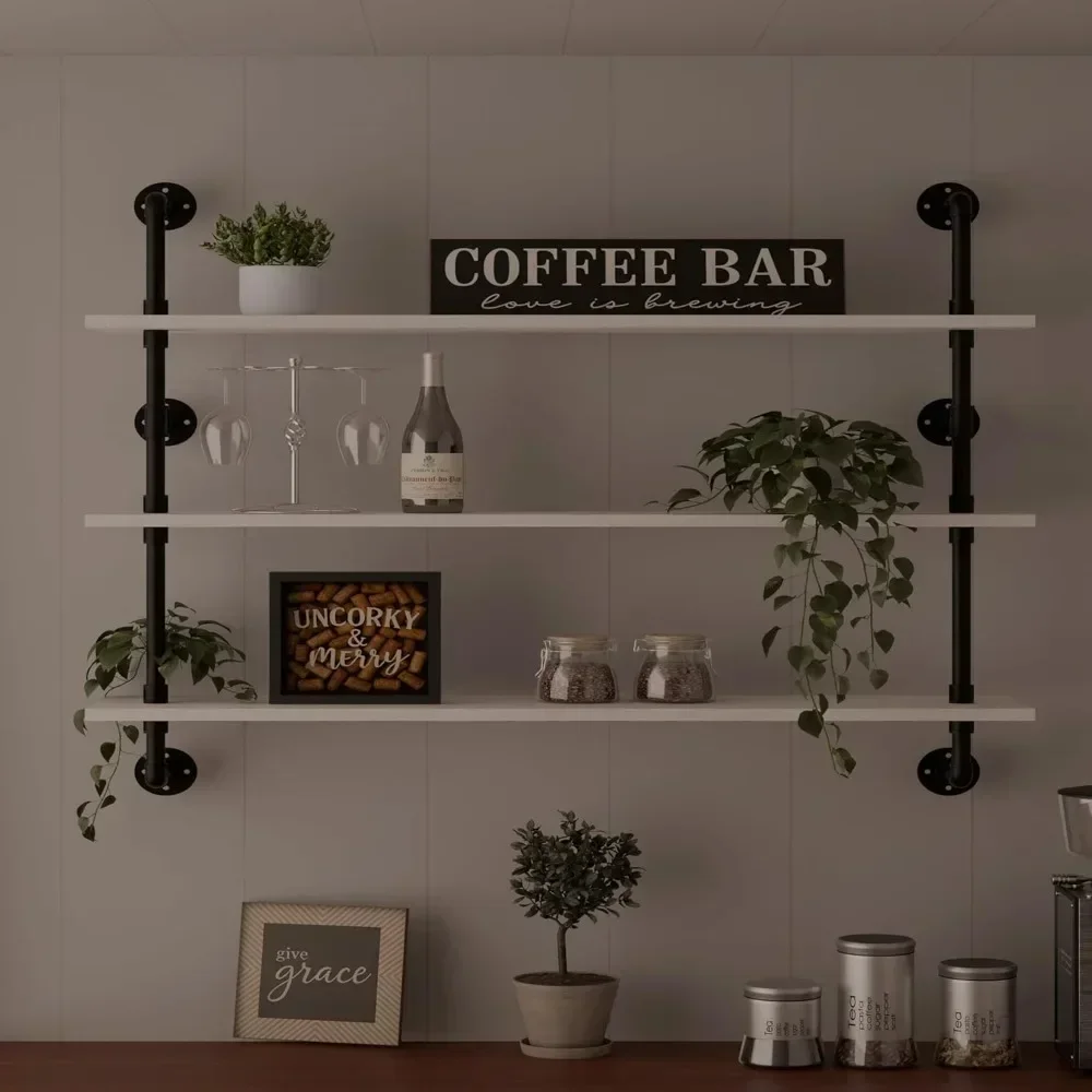 

Hot salesRustic White Metal Pipe Wall Mounted Shelves with Wooden Boards, 48 Inch Farmhouse Style