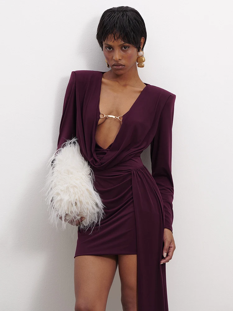 Articat セクシーな長袖ディープ V メタリックリボンドレス女性エレガントなボディコンパーティークラブイブニングドレス春の新 Vestidos 2026