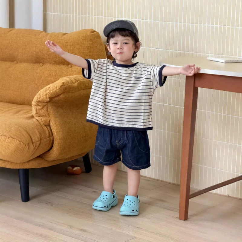 

2026 New Children's Summer Hot Selling Refreshing Striped Round Neck T-shirt and Denim Shorts