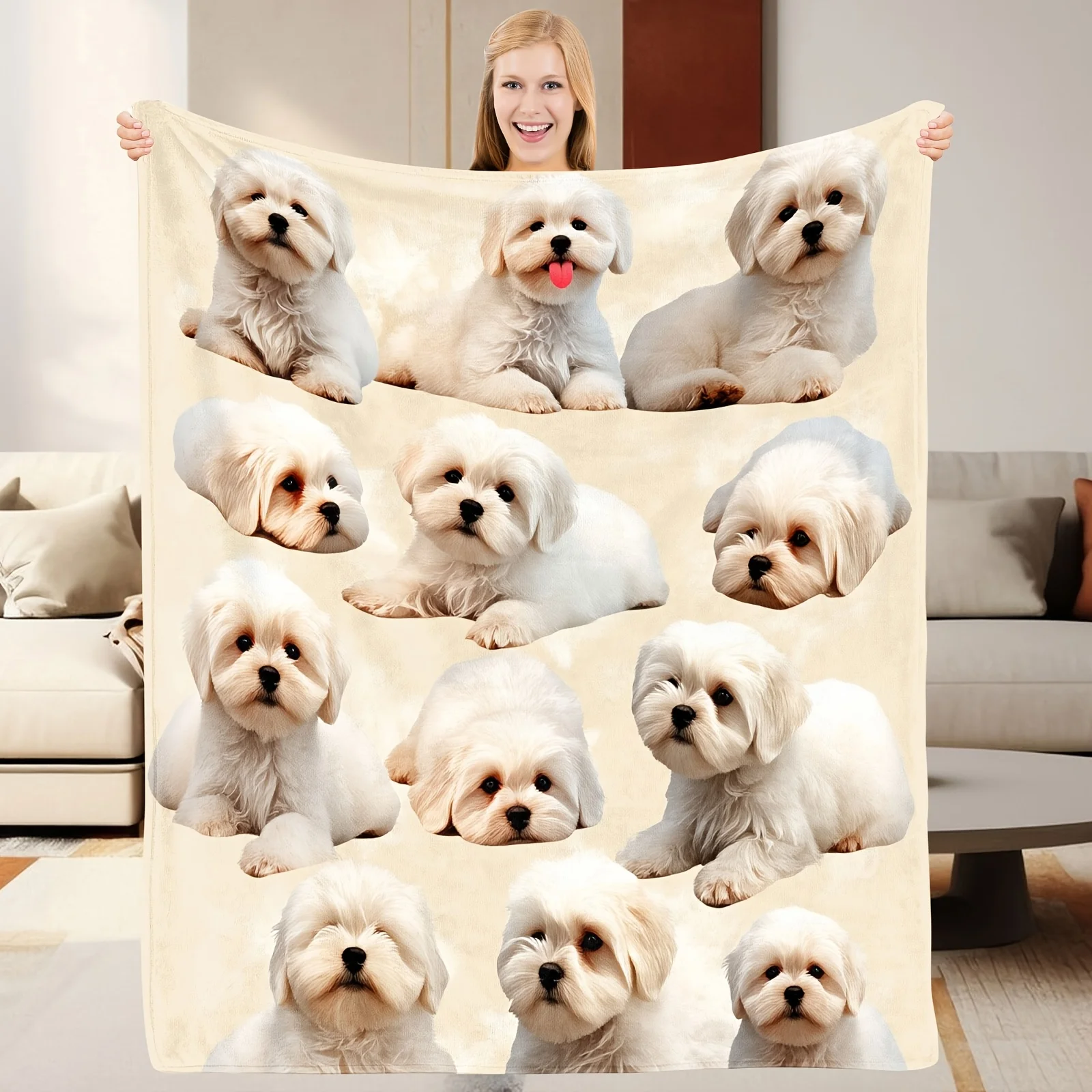 1pc Comfortable White Plush Dog Blanket with Cute Puppy Face - Soft Flannel Plush Bed Cover, Lightweight for All Seasons, Suitab