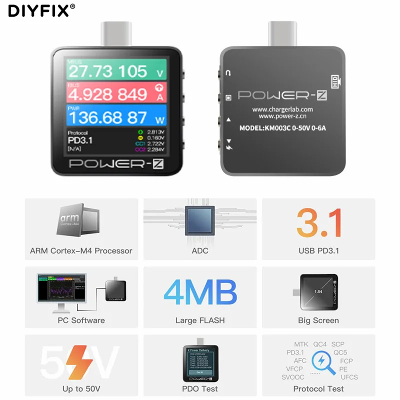 ChargerLAB Power-Z KM003C USB PD3.1 QC5.0 Протокол 48 В Диапазон Dual Type-C Цифровой вольтметр и амперметр Тестер Power Bank