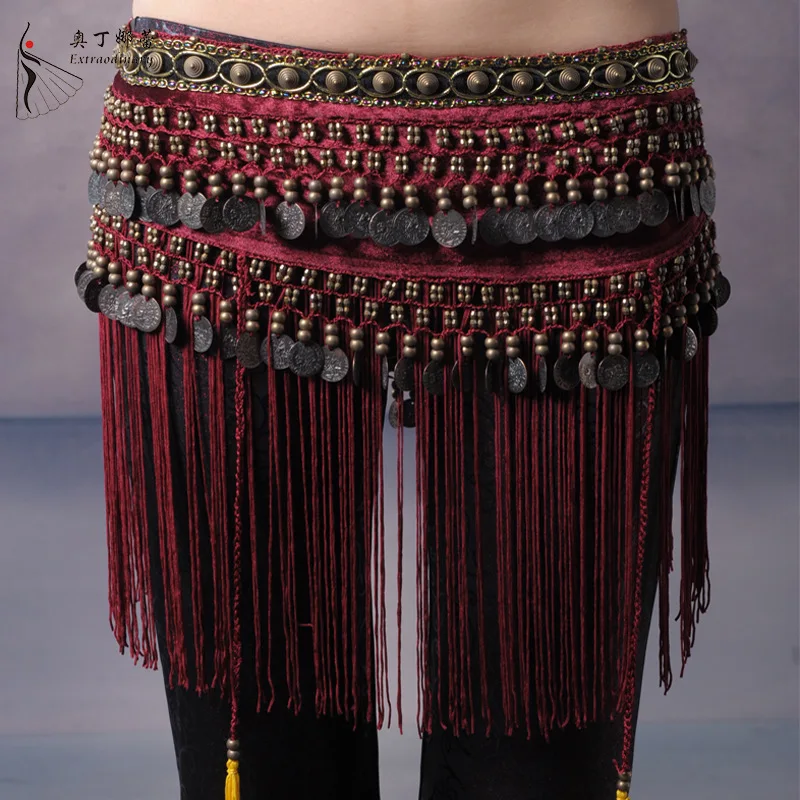 2026 US New Belly Dance Hip Scarf Coin Belt Tribal Costume Fringe Tassel Belt Copper belly dancing waist belt on sale