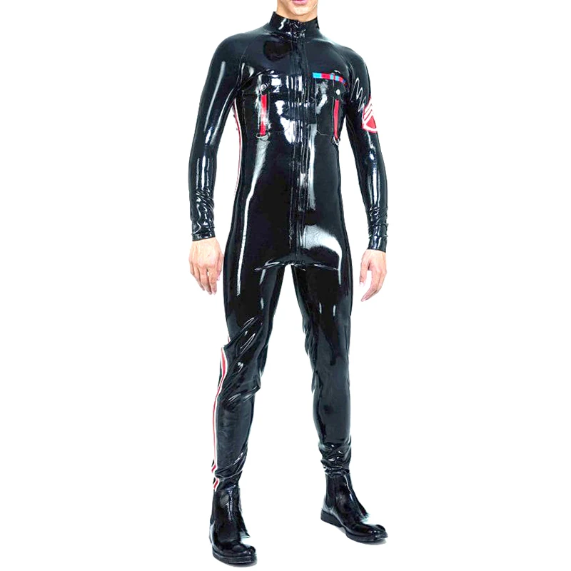 Sexy Military Latex Catsuit With Pockets Front To Back Crotch Zippers D Rings Rubber Body Suit Bodysuit Zentai Overall LTY-0334