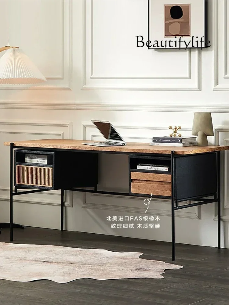 

Modern simple color matching desk wabi wind designer creative solid wood light luxury writing desk medieval retro computer table