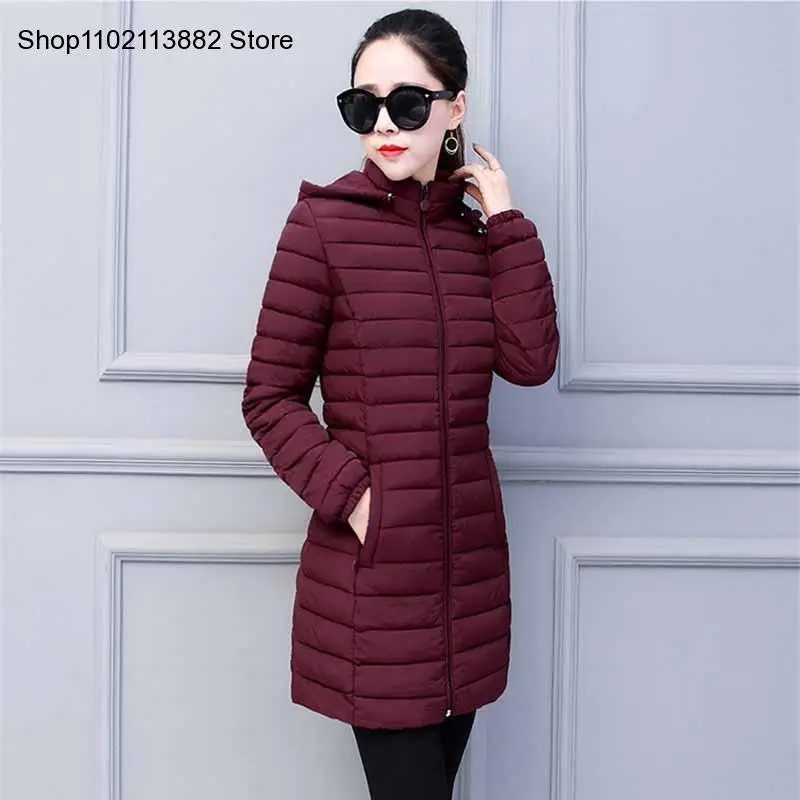 Lightweight Padded Jacket Winter Women\'s Removable Hood Warm Cotton Long Parka