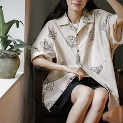 Maden Women's Cotton Short Sleeve Shirt Loose Fit Turn Down Collar Japanese Print Summer Basic Top With Linen Like Texture