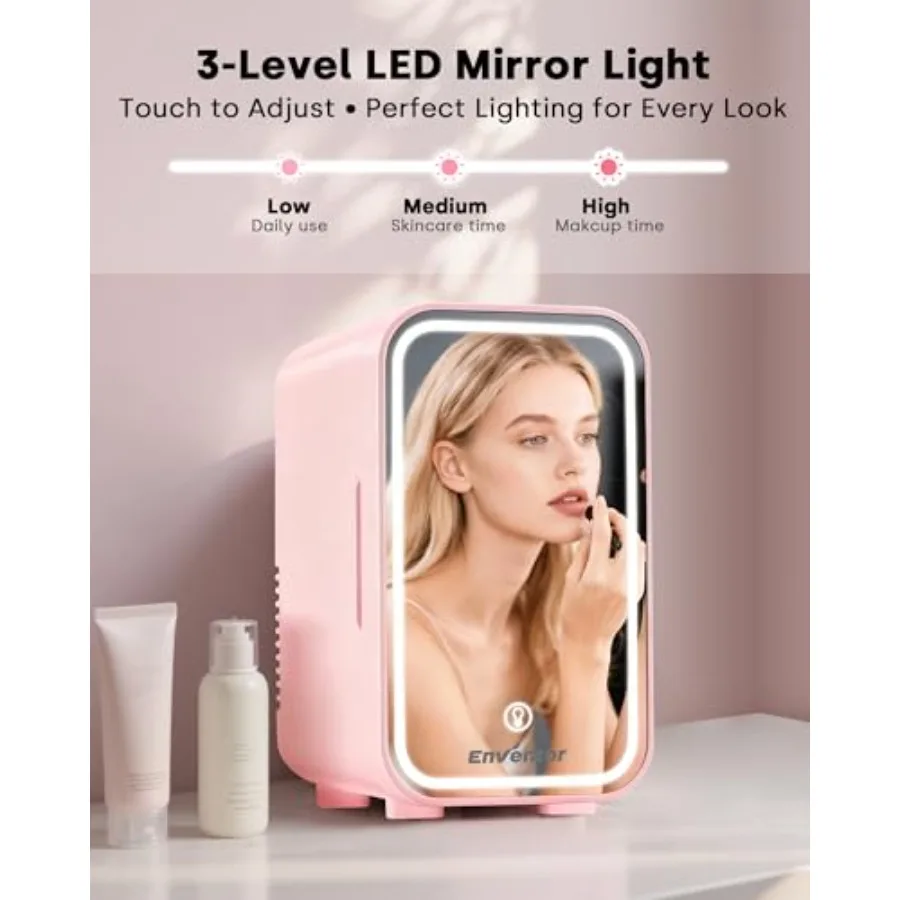 Mini Skincare Fridge for Bedroom 6L Compact Portable Cooler in Pink with Dimmable LED Mirror Ideal for Makeup College Dorm Offi