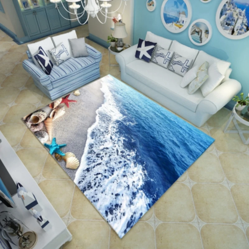 Blue Sea Beach Mediterranean Style 3D Carpet for Living Room Coffee Table Sofa Bed Bedroom Floor Mat Anti-slip Rug Ocean Shells