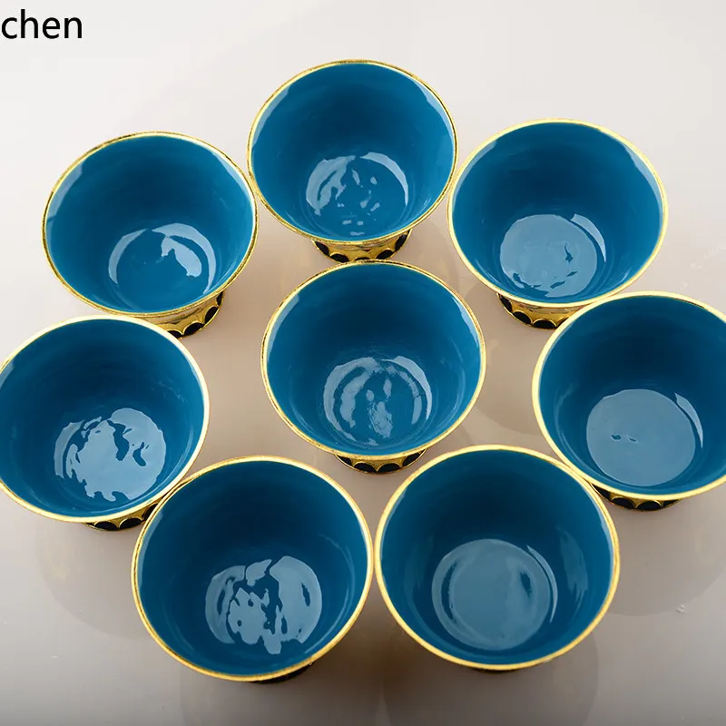 Cz various painted cloisonné water cups,   eight offerings in front of buddha, water bowls, eight auspicious holy water cups