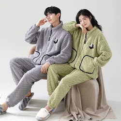 Panda Cute Coral Fleece Pajama Set for Couples Winter Warm Zipper Home Clothes Women and Men Matching Pijamas pyjama homme hiver