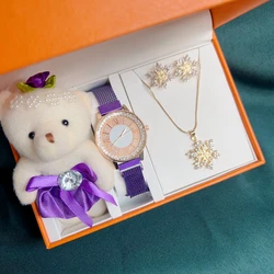 Relógio de quartzo feminino com brinco com colar de diamantes, conjunto de fantoches de urso, caixa de presente para menina, presente feminino