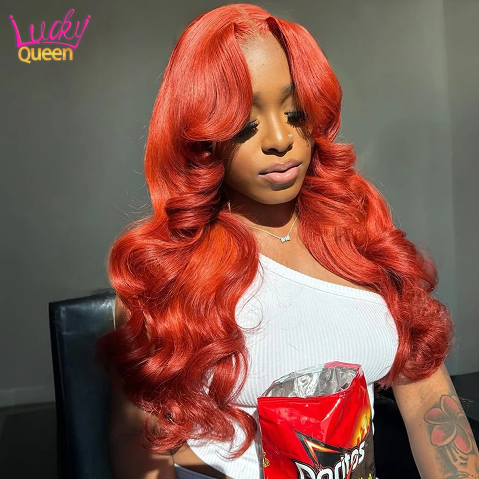 

Ginger Orange Color 100%Human Hair Pre Plucked Brazilian Wigs 13X6 Body Wave Transparent Lace Front Closure 180Density For Women