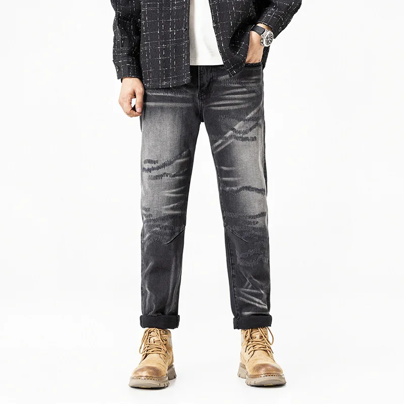 2025年秋新作 ヘビーウェイト 高級 レトロ スクラッチマークデザイン ジーンズ メンズ ノスタルジック ストレッチ ストレートパンツ