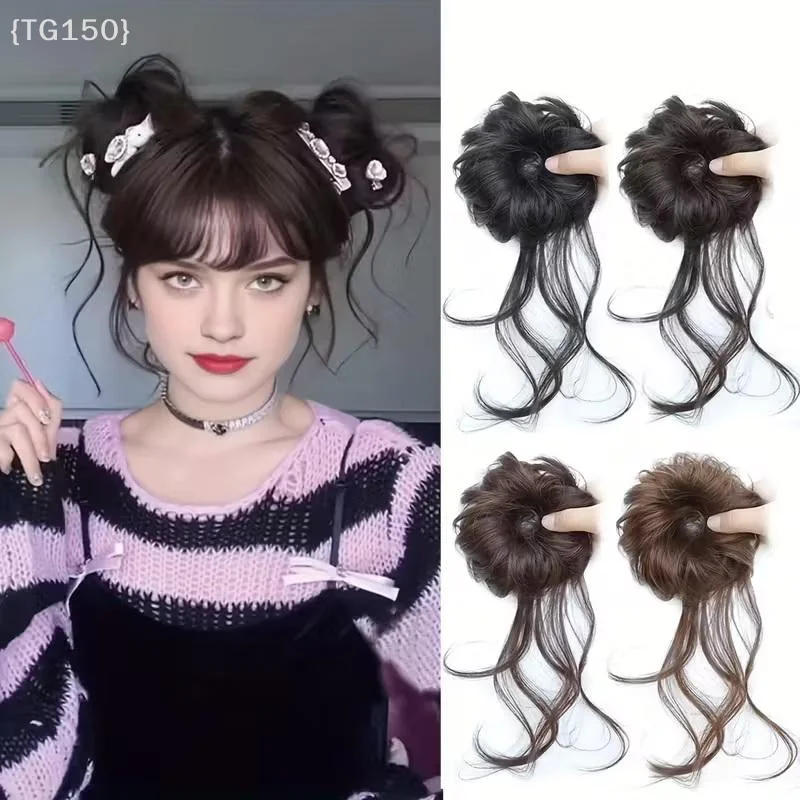 

2 Pcs Messy Bun Hair Piece Tousled Updo With Tendrils Hair Bun Extensions Wavy Curly Hair For Women