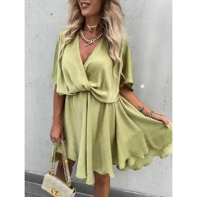

Women's Spring/Summer Commuter Dress Fashion V-neck Short Sleeved Solid Satin Loose Dress Leisure Vacation Party Women's Dress