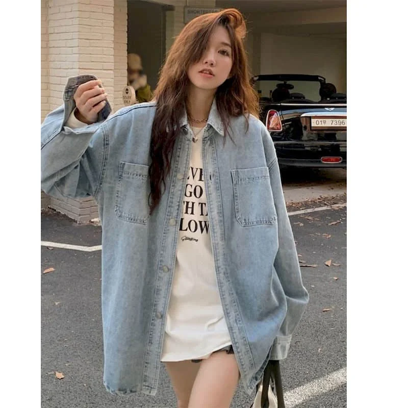 

Denim Shirts and Blouses Women Long Sleeve Casual Streetwear Tops Korean Shirt Light Blue Coats Loose Harajuku Shirts for Women