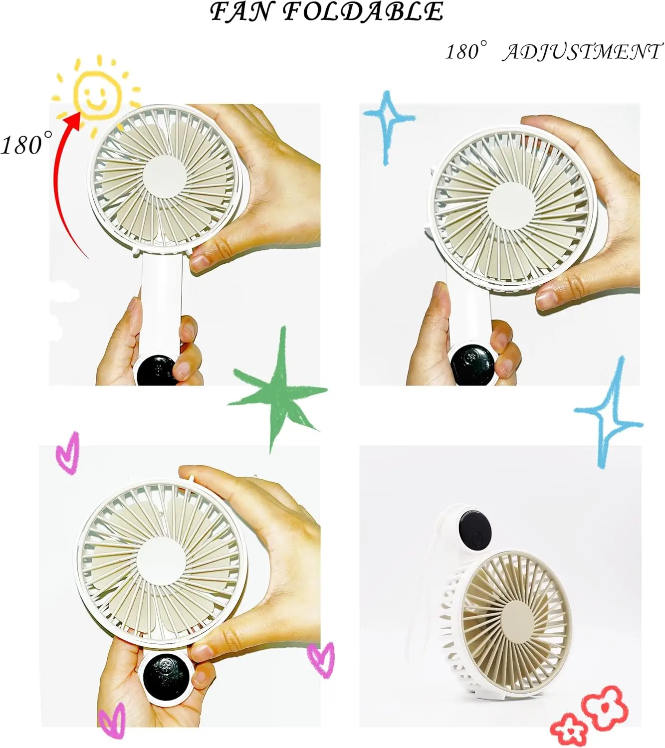مروحة محمولة، مروحة مكتب حقيقية قابلة لإعادة الشحن بقوة 2500 مللي أمبير في الساعة مع شاشة رقمية، 180 °   مروحة شخصية قابلة للطي مع حبل، USB Mi لمدة 15 ساعة