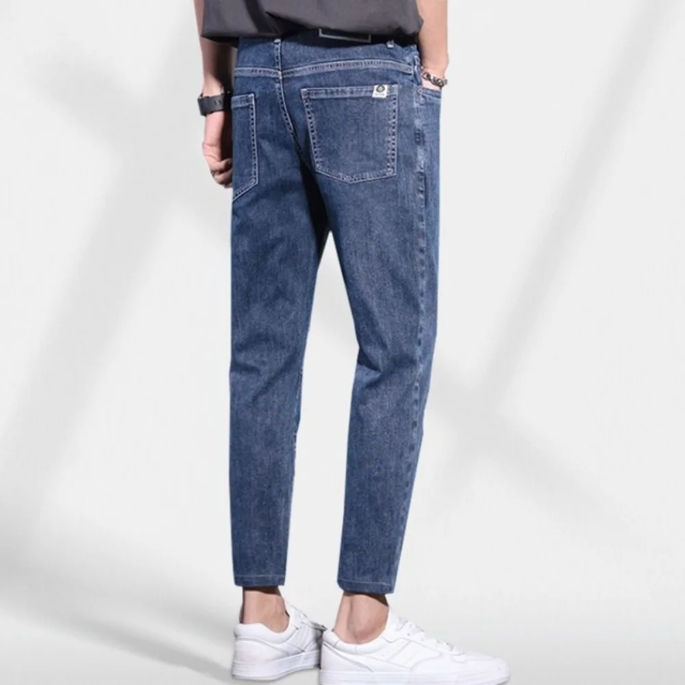 

High Quality Luxury Fashion Korean Style Summer Jeans for Men Casual Washed Blue Boyfriend Solid Jeans Stretch Slim Trousers