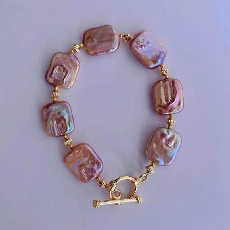 

100% Natural Freshwater 15-20mm Colorful Pink Purple Baroque Sugar Pearl Bracelet Women's OT Buckle Design Exquisite and Unique