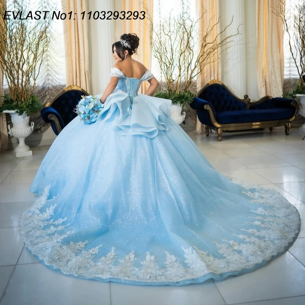 EVLAST Personalizzato Cielo Blu Abito Quinceanera Abito di Sfera Bianco Applique di Pizzo Perline Corsetto Arco Dolce 16 Vestido De 15 Anos E1Q157