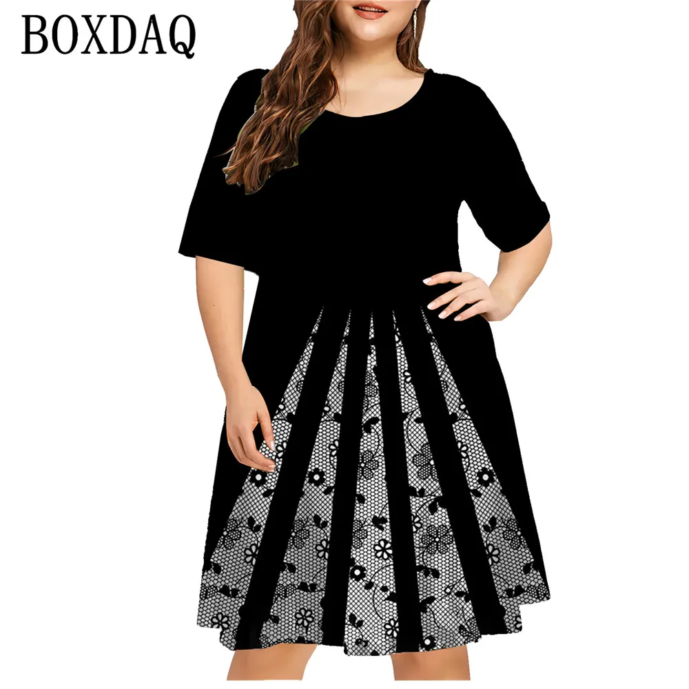 Vestido con estampado 3D de lunares falsos para mujer, ropa holgada de manga corta a la moda, talla grande, informal, cuello redondo, 6XL, 2024