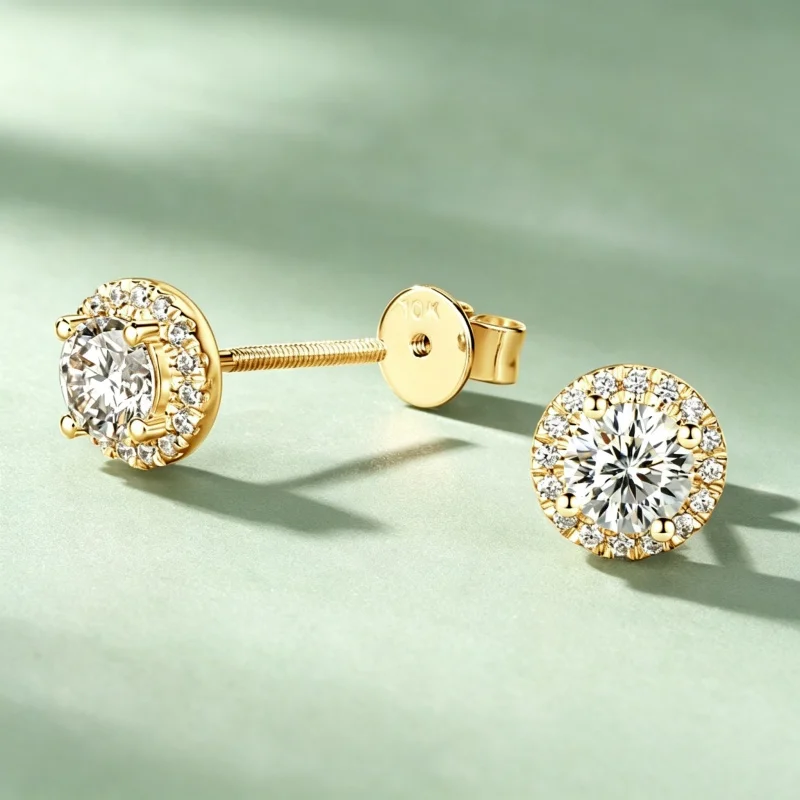 Anziw 10K Solid Gold Sparkling D VVS1 Moissanite Halo Stud Earrings for Women Wedding Anniversary Fine Jewelry Gift Certified