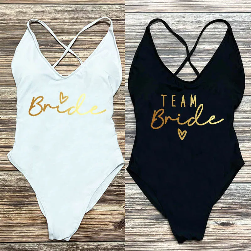 S-3XL Gold Print Team Bride One-Piece Swimsuit Squad Women Swimwear Sexy Padded Bachelorette Party Bathing Suit Summer Beachwear