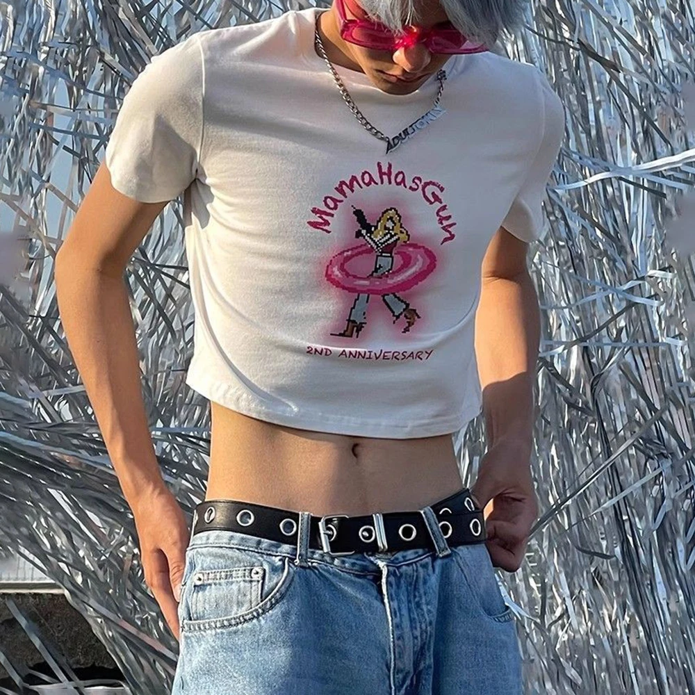 Y2k Slim Fit Baumwolle Kurzes T-Shirt Sexy Nabel-Baring Dark Cartoon T-Shirt Sommer Streetwear Fashion Harajuku Top Unisex 2025, Neu