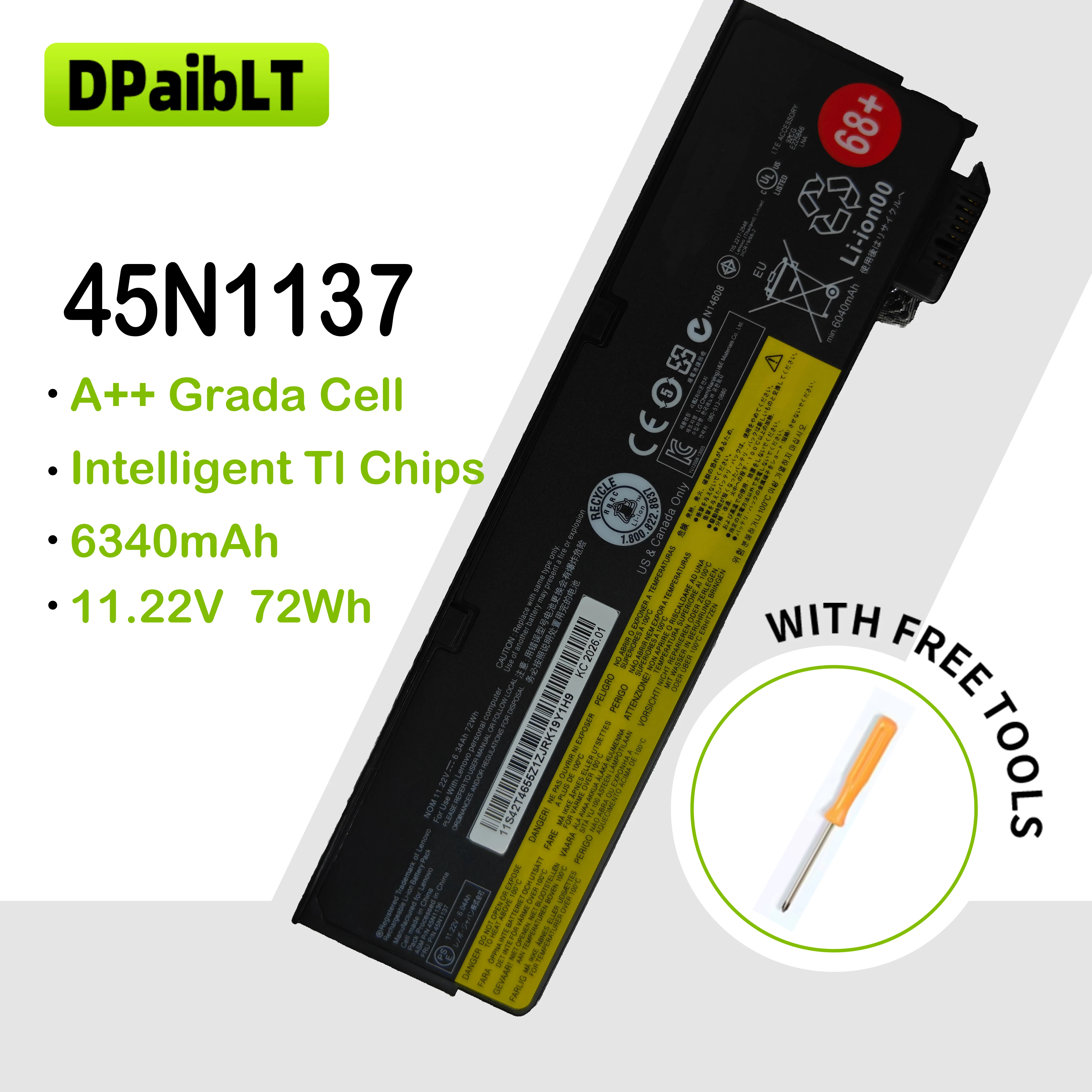 

DPaibLT NEW 72Wh 11.22V 6340mAh 45N1137 LAPTOP BATTERY For Lenovo ThinkPad X240 T440S T440 X250 T450S X260 S440 S540 L450 L470