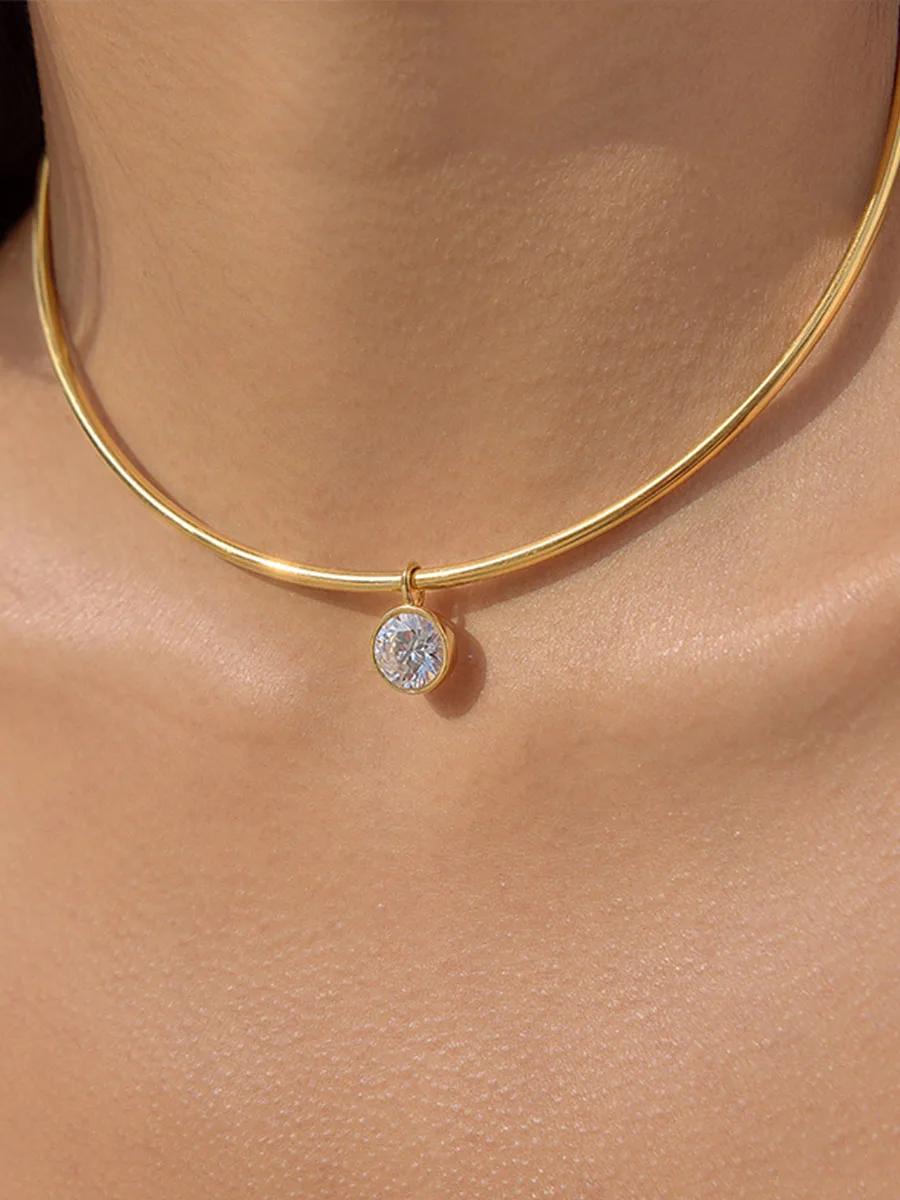Premium Titanium Steel Choker Necklace with Zircon Pendant Light Luxury Stainless Steel Chain for Women Trendy Jewelry Gift
