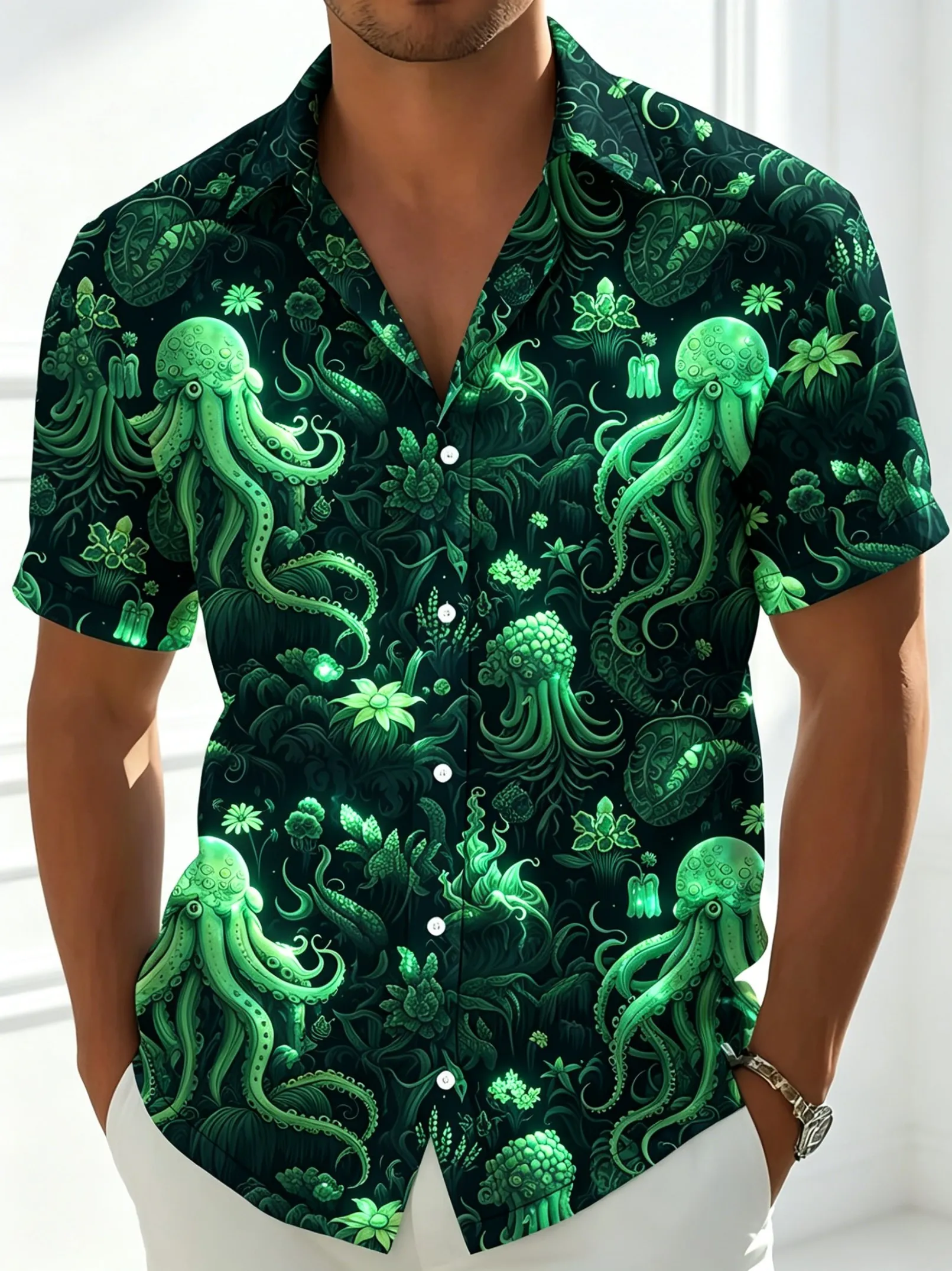 

Men's Dark Green Glowing Octopus Print Button Up Shirt, Turndown Collar Tops for Spring Summer Streetwear Casual Daily Wear