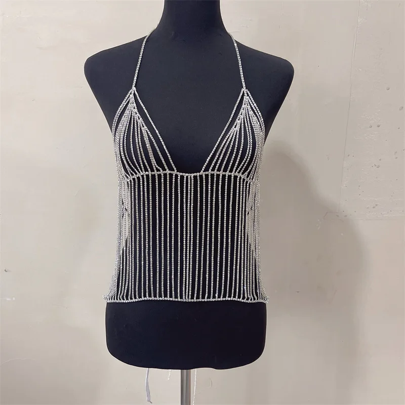 Pantalones cortos con tachuelas de diamante, ropa interior con tirantes, cadena de cuerpo de Bikini brillante multicapa, personalizada y a la moda