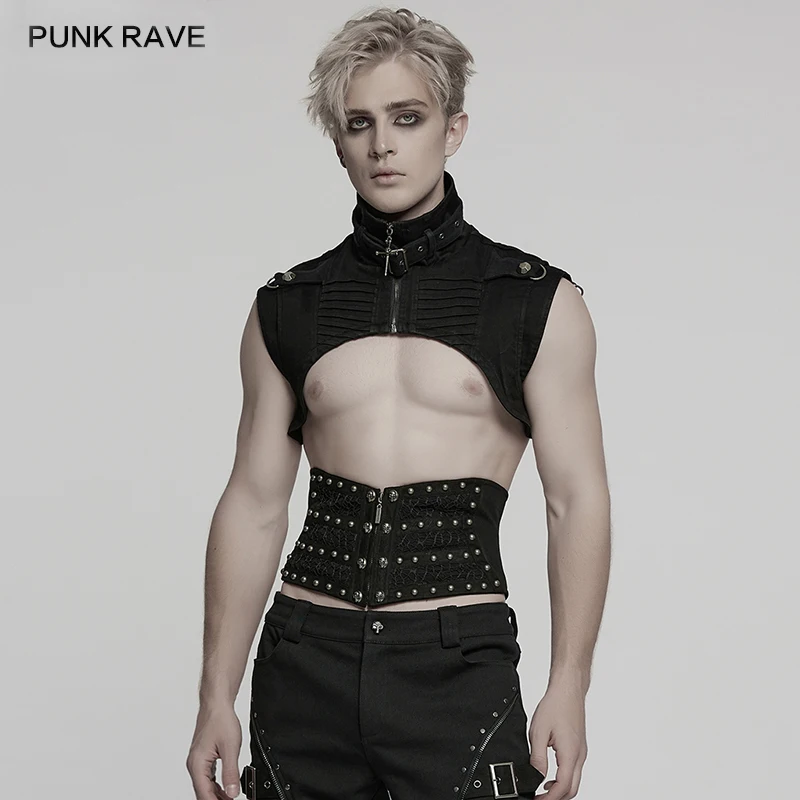 PUNK RAVR Men's Punk Rivets Woven & Mesh Corset Adjustable Back Strap Front Zipper Easy Wearing Black Accessories