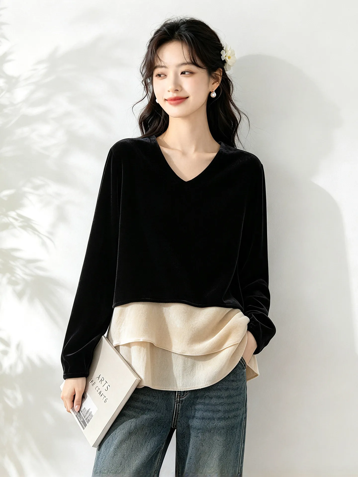 Winsleter-Silk Velvet Elegant Shirt, V Neck Long Sleeve, Women Retro Commute Loose Fake 2 Pieces Blouse, 2026 Autumn T6O769CC