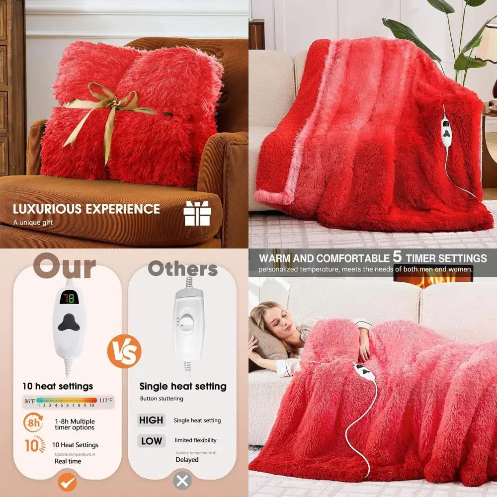 

Luxurious Faux Fur Sherpa Electric Blanket, 10 Heat & 5 Timer Options, 50x60, Ruby Wine for Women & Grandmas