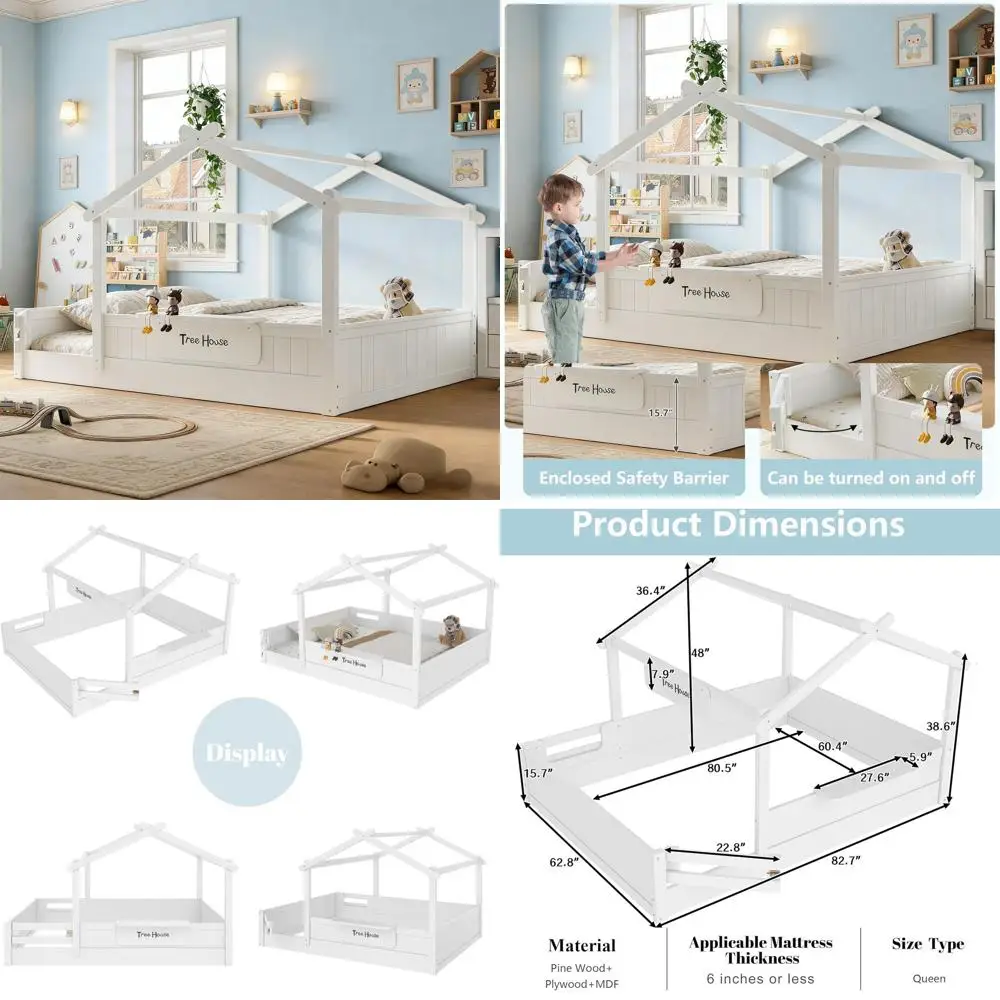 

Кровать размера Queen из массива дерева с навесом, встроенными полками и отдельной вывеской для детей - белая