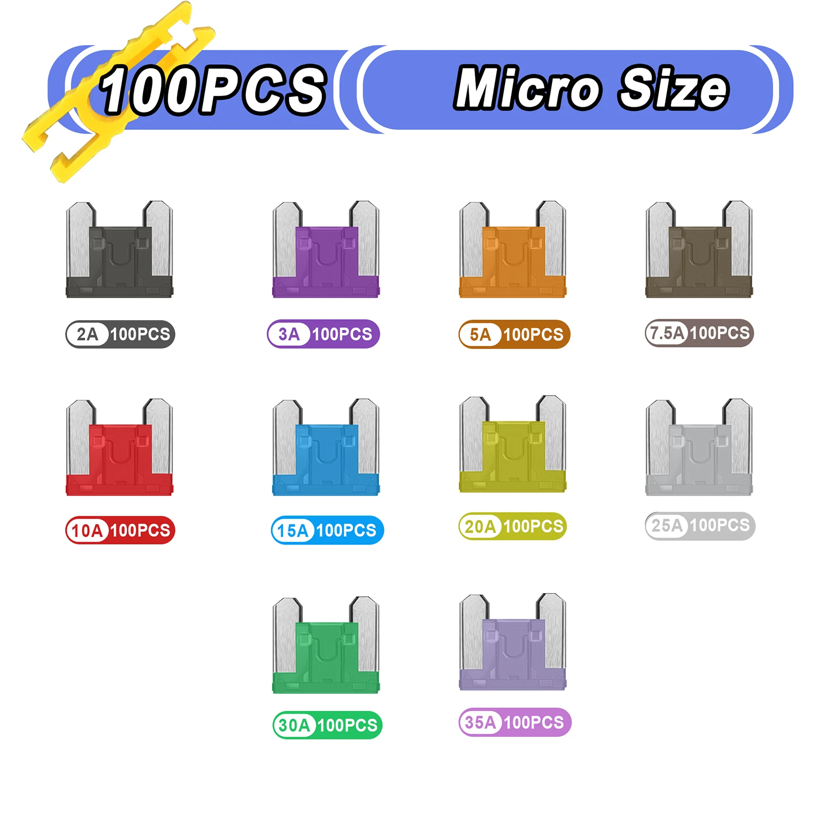 

100PCS Micro Size Blade Fuses High Quality Zinc Circuit Protection Fuses Kit for Auto Car RV ATV 2/3/5/7.5/10/15A with Fuse Clip