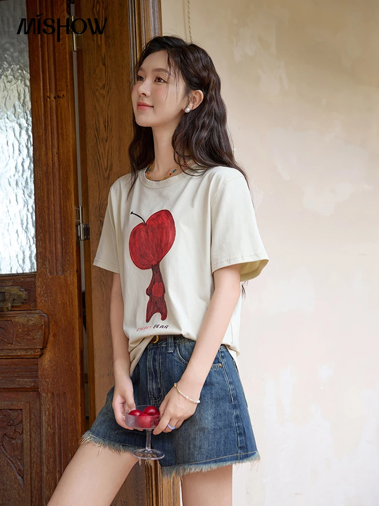 MISHOW Apple Bear Printed T-shirt 2024 Summer Round Neck Loose Tops 100 Cotton Falling Shoulder Sleeves Casual Tees MXD30T0299