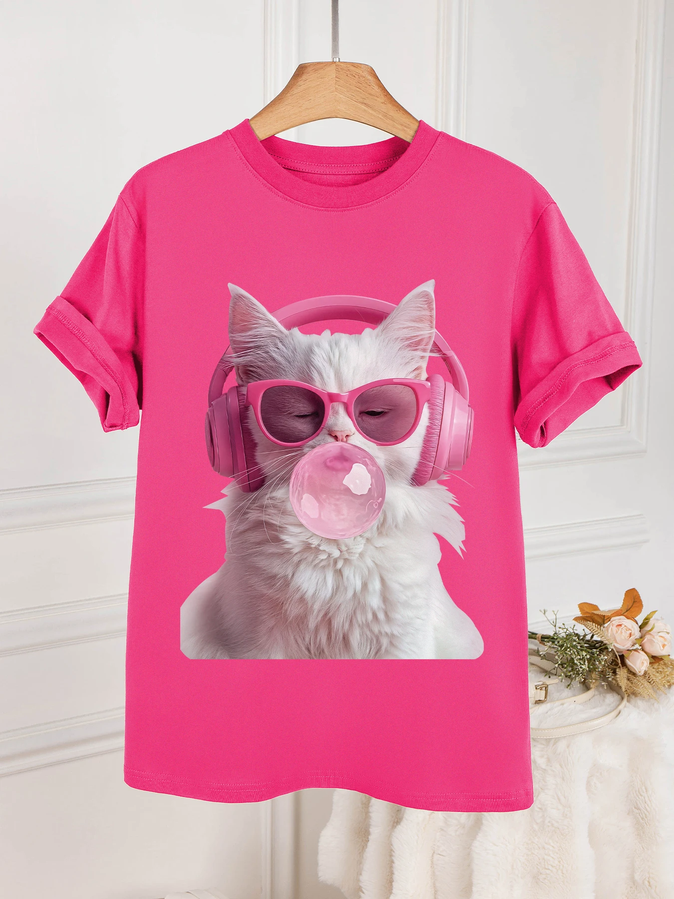 

Women's Summer Fuschia Cotton Knitted Printed T-Shirt Bulble Cat Print Loose Casual T-Shirt Top Breathable And Soft Wear